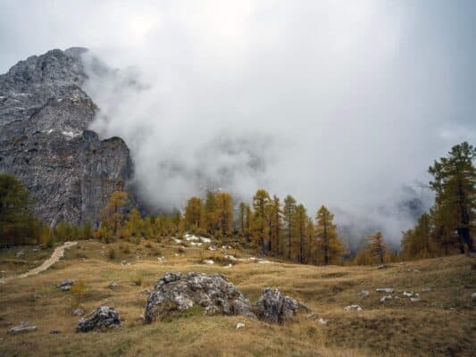 Paesaggio montano remoto con cime rocciose avvolte dalla nebbia e alberi dai colori autunnali presso il rifugio Erjavčeva.